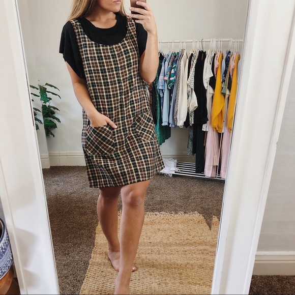 Vintage Dresses & Skirts - Vintage • 90s Plaid Overall Dress with Pockets